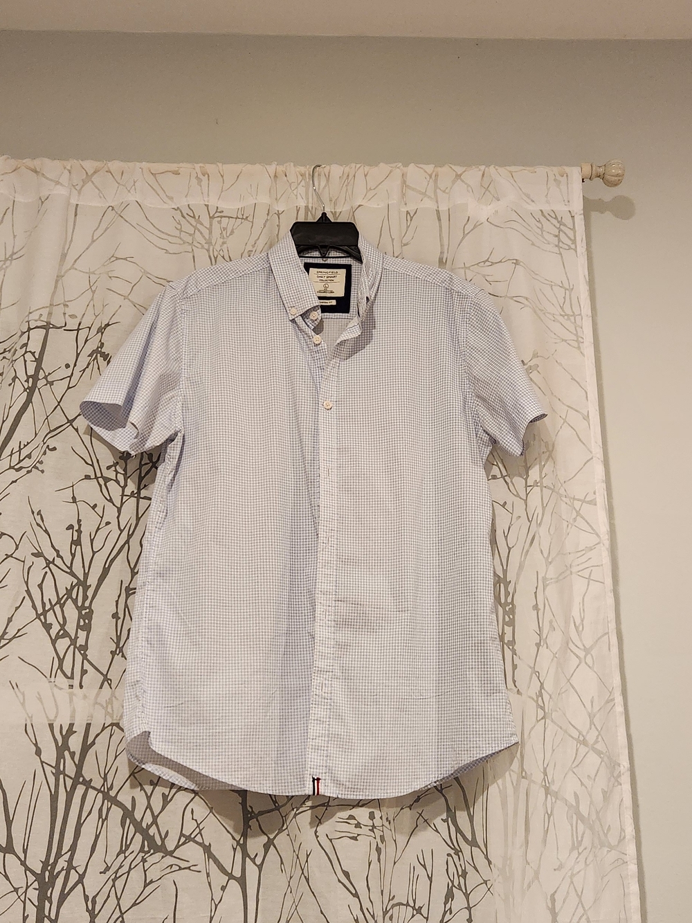 Men's Short-Sleeve Light Blue Micro-Check Button-Down Shirt
